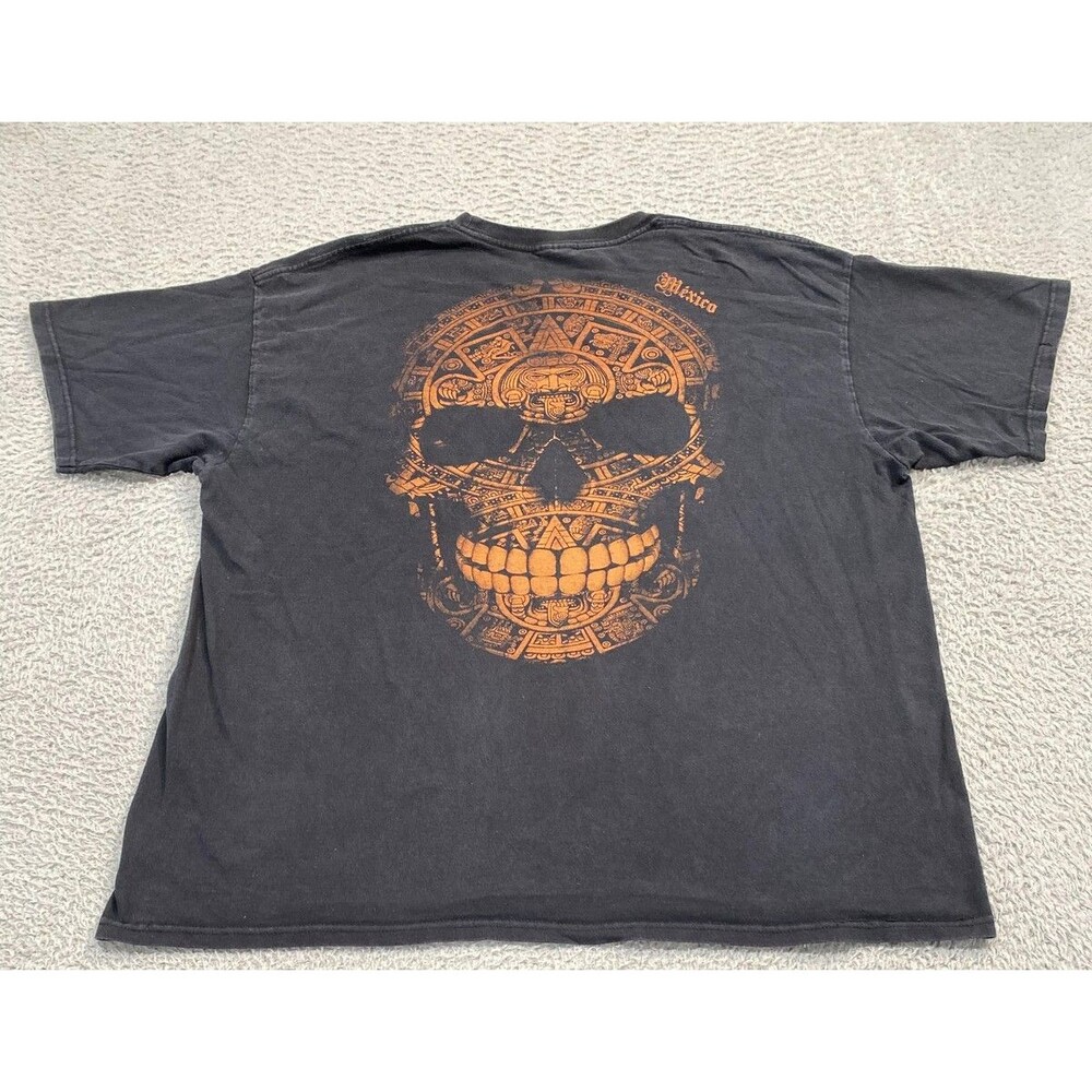 Aztec Shirt Mens 2XL Black Skull Mexico Graphic Tee Double Sided Chicano